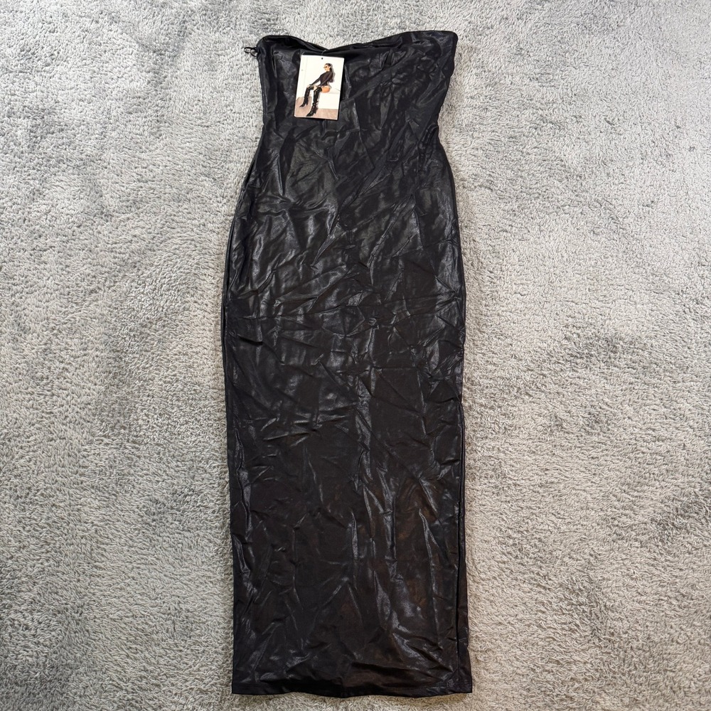 Naked Wardrobe Drip Strapless Midi Dress L Black Metallic Tube Bodycon NW-D2054